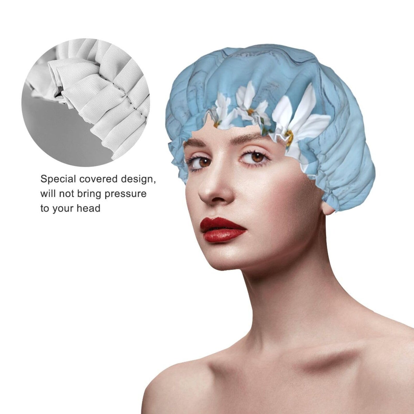 White Flowers Light Blue Wood Shower Cap for Women Men Large Reusable Shower Bonnet Double-Layer Waterproof Bath Caps Elastic Band Hair Hat for All Beauty and Personal Care BWLHJKE
