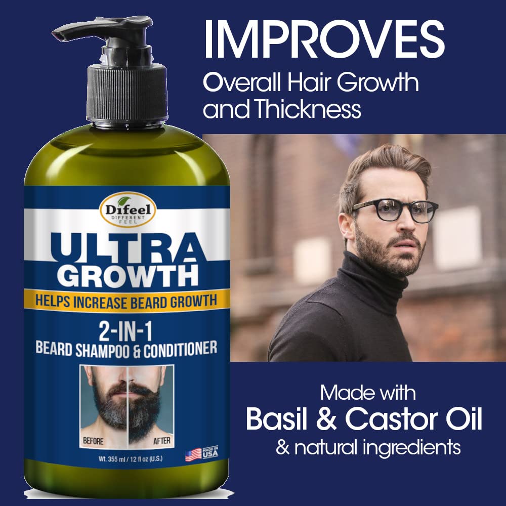 Difeel Men's Ultra Growth Beard Care 3-PC Gift Set for Men - Includes 2-in-1 Beard Shampoo & Conditioner 12oz, Beard Growth Oil 8oz, and Bonus Travel Beauty and Personal Care Difeel