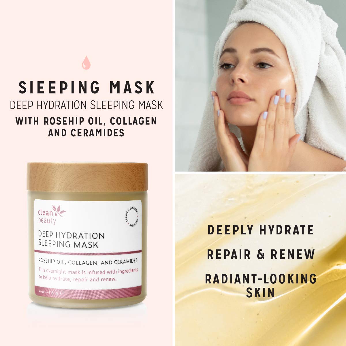 Clean Beauty Deep Hydration Sleeping Face Mask with Rosehip Oil & Collagen - Strengthen Skin & Reduce Fine Lines (4 oz) Beauty & Personal Care Clean Beauty