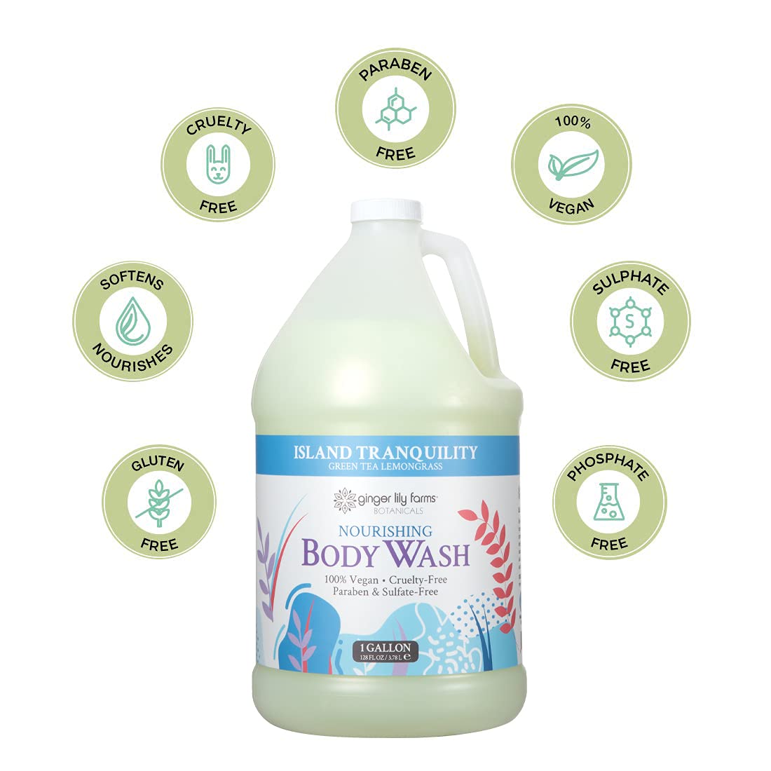 Ginger Lily Farms Botanicals Nourishing Body Wash, Island Tranquility, 100% Vegan & Cruelty-Free, Green Tea Lemongrass Scent, 1 Gallon Refill (128 fl. Beauty & Personal Care Ginger Lily Farms