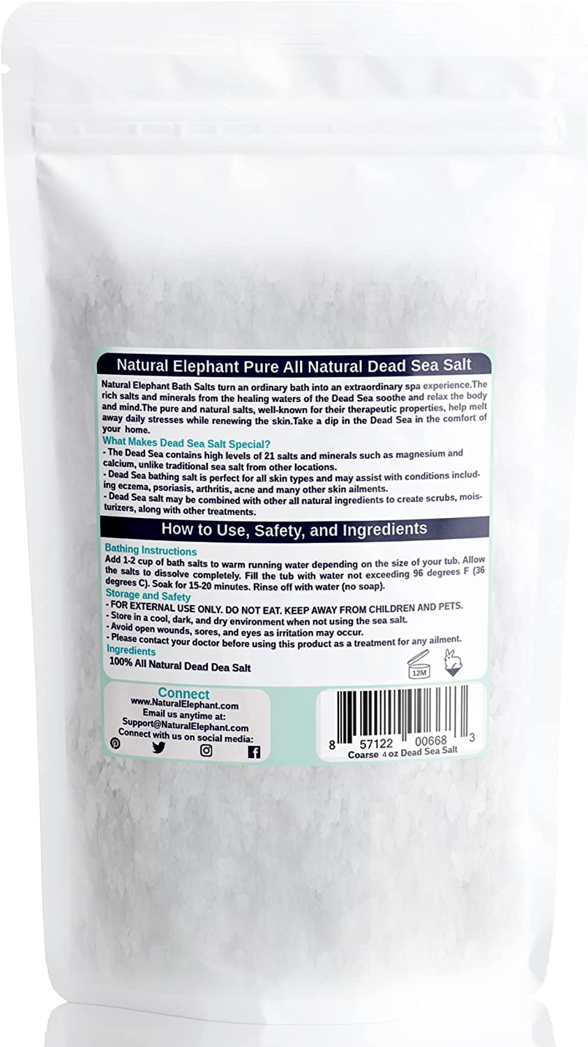 Natural Elephant Dead Sea Bath Salt - 4oz Trial Size - 100% Natural and Pure - Coarse Grain - Ideal for Baths and Soaks Beauty and Personal Care Natural Elephant