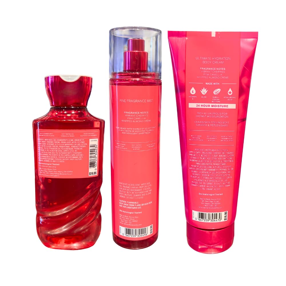 Bath & Body Works PERFECT IN PINK Body Wash, Fine Fragrance Mist & Ultimate Hydration Body Cream 3-piece Gift Set with a Blue Bow for Holidays - Full Beauty and Personal Care Bath & Body Works