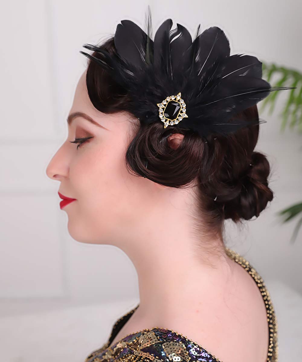 Aimimier 1920s Flapper Black Feather Headpiece Crystal Roaring 20s Feather Hair Clip Masquerade Hair Accessory for Women Beauty & Personal Care Aimimier