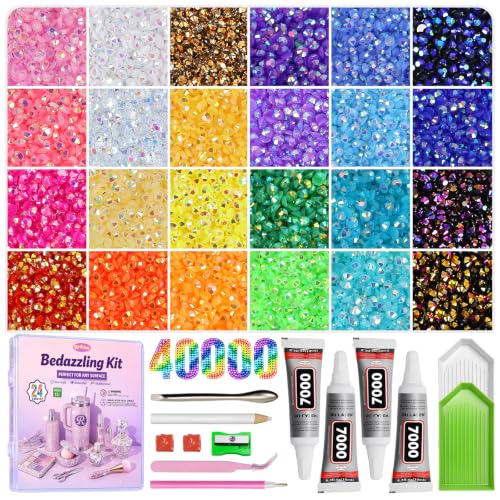 Redtwo 40000Pcs Resin Jelly Rhinestones for Bedazzling, 3mm Multicolor Flatback Rhinestones, Bedazzling Kit with 4Pcs Jewelry Glue and Tools Beauty and Personal Care Redtwo Default Title
