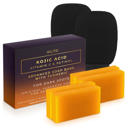 VALITIC 4 Pack Kojic Acid Vitamin C & Retinol Soap Bars for Dark Spot Bundle with 2 Black Exfoliating Gloves for Body Scrubs Beauty & Personal Care VALITIC