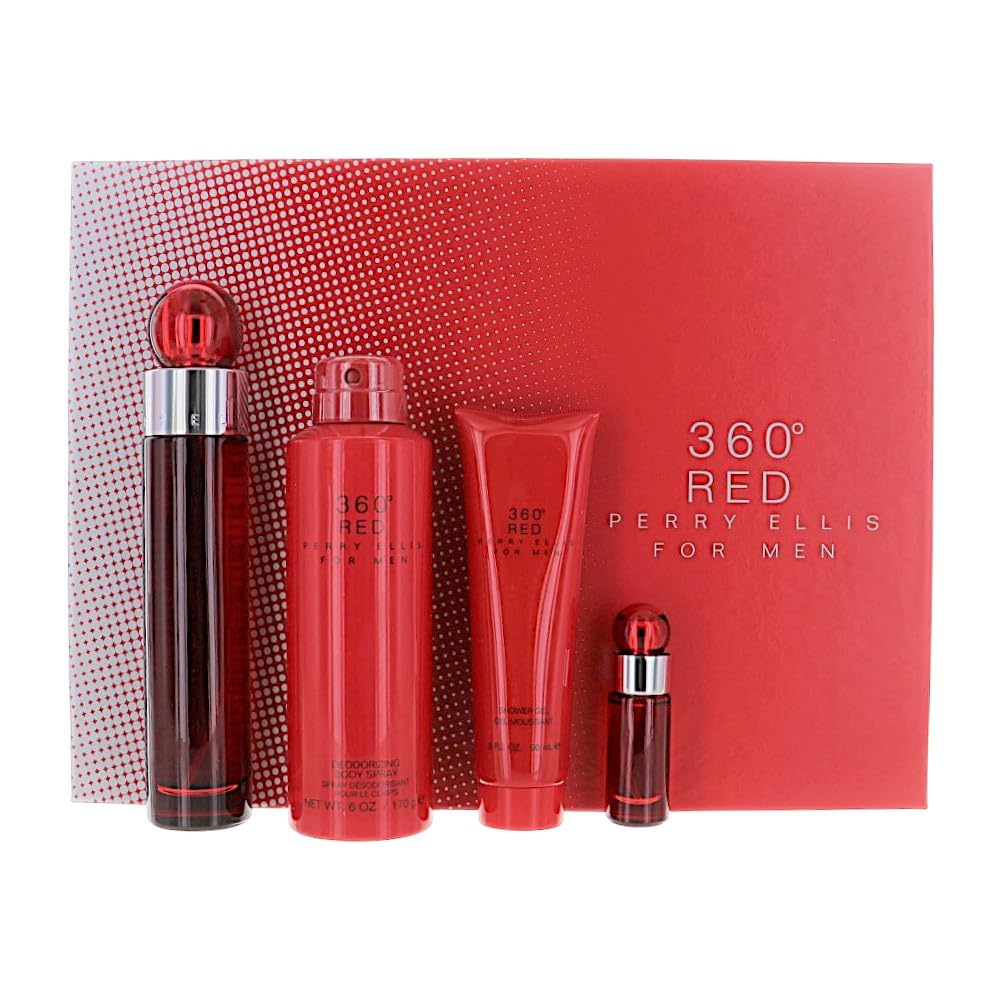 360 Red by Perry Ellis for Men - 4 Pc Gift Set 3.4oz EDT Spray, 0.25oz EDT Spray (Mini), 6oz Body Spray, 3oz Shower Gel Beauty & Personal Care Perry Ellis
