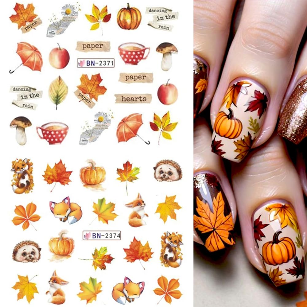 12Sheets Fall Nail Stickers Autumn Maple Leaf Pumpkin Halloween Thanksgiving Water Transfer Nail Decal for Women Girls Kids DIY Decorations Beauty & Personal Care Qdsuh