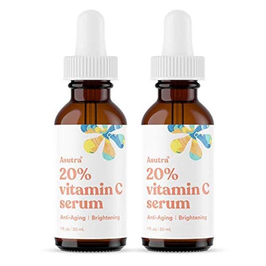 ASUTRA 20% Vitamin C Serum, 1 fl oz (Pack of 2) - Ferulic & Hyaluronic Acid, Vitamin E, Aloe, Jojoba, Brightening Face Serum Beauty & Personal Care ASUTRA