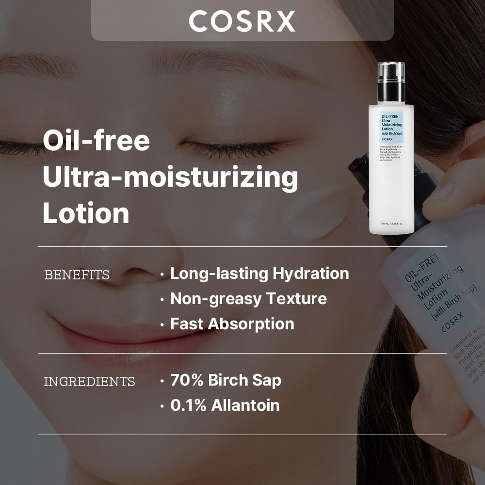 COSRX Oil Free Lotion with Birch Sap, Daily Acne Facial Moisturizer, Hydrating Moisturizer for All Skin Types, Korean Skin Care, Paraben free Beauty & Personal Care COSRX