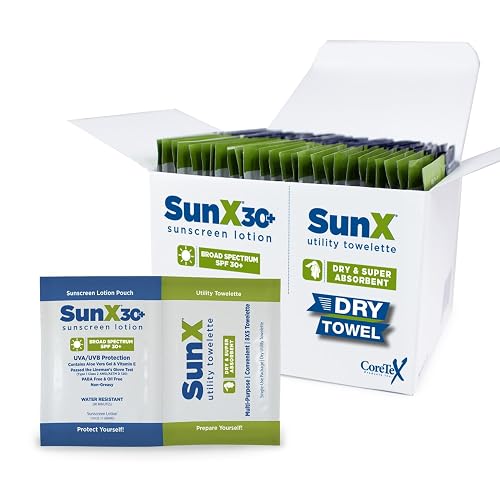 CoreTex Sun X 30+ Broad Spectrum Sunscreen Packets & Dry Towels Duo Kit - Pack of 25 Paraben, Oxybenzone, Octinoxate, & Oil Free Sunscreen - No White Beauty & Personal Care CoreTex