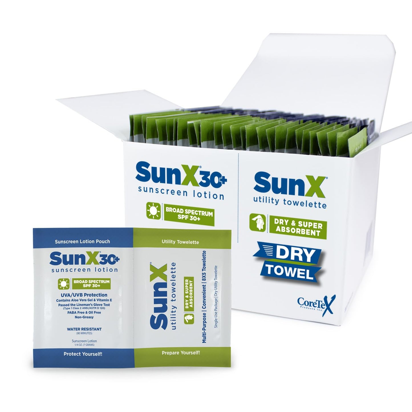 CoreTex Sun X 30+ Broad Spectrum Sunscreen Packets & Dry Towels Duo Kit - Pack of 25 Paraben, Oxybenzone, Octinoxate, & Oil Free Sunscreen - No White Beauty & Personal Care CoreTex