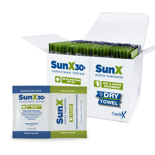 CoreTex Sun X 30+ Broad Spectrum Sunscreen Packets & Dry Towels Duo Kit - Pack of 25 Paraben, Oxybenzone, Octinoxate, & Oil Free Sunscreen - No White Beauty & Personal Care CoreTex