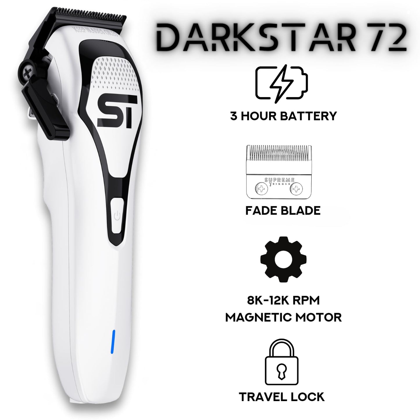 Supreme Trimmer Darkstar 72 Clipper with Magnetic Vector Motor - 180 Min Run Time, 9000 RPM Barber Hair Clipper - Low Noise, Professional Clipper DLC Beauty and Personal Care Supreme Trimmer