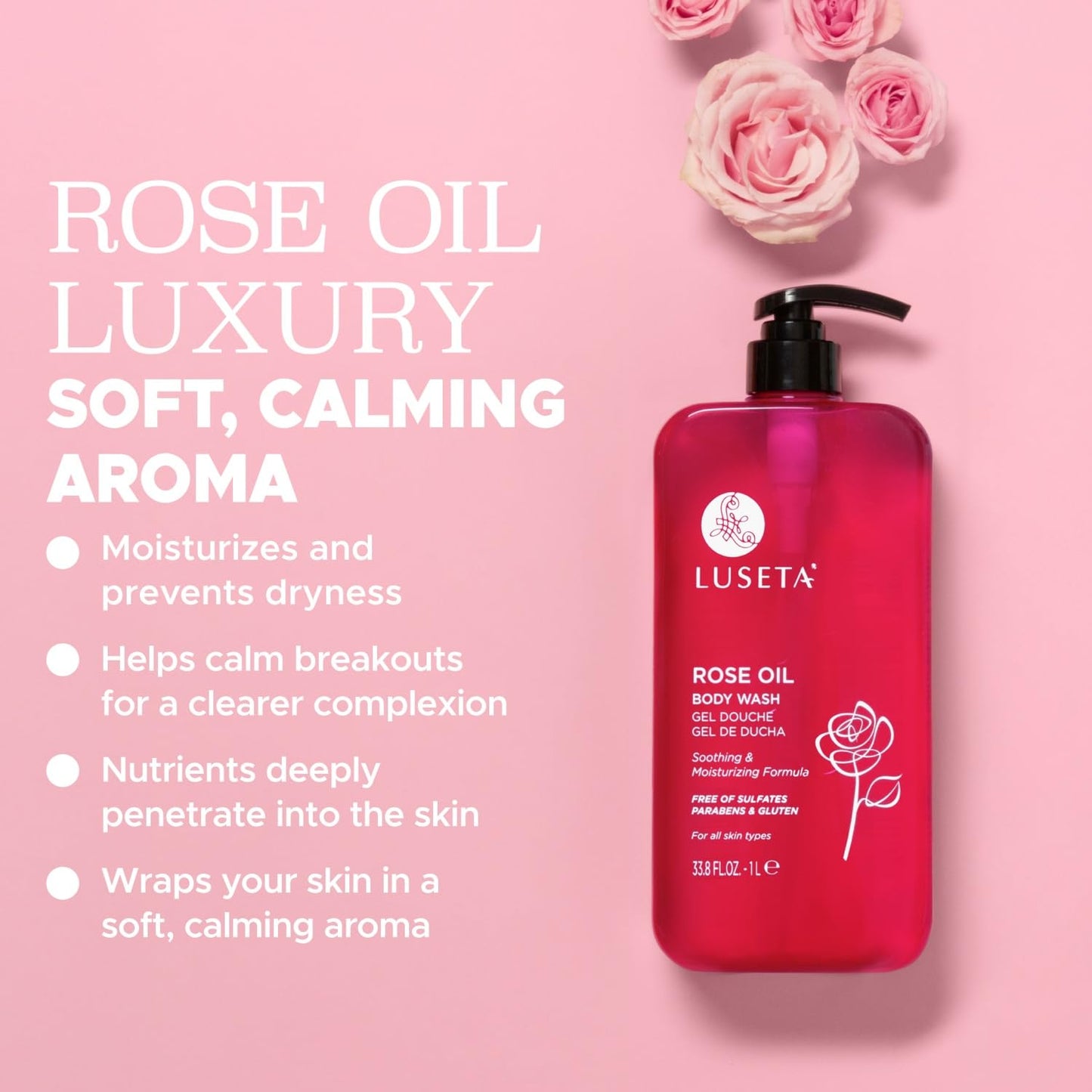 Luseta Rose Oil Body Wash Hydrating Moisturizing Shower Gel Cleansing and Nourishing for Dry Skin for Women & Men Sulfate-Free 33.8oz Beauty & Personal Care L LUSETA