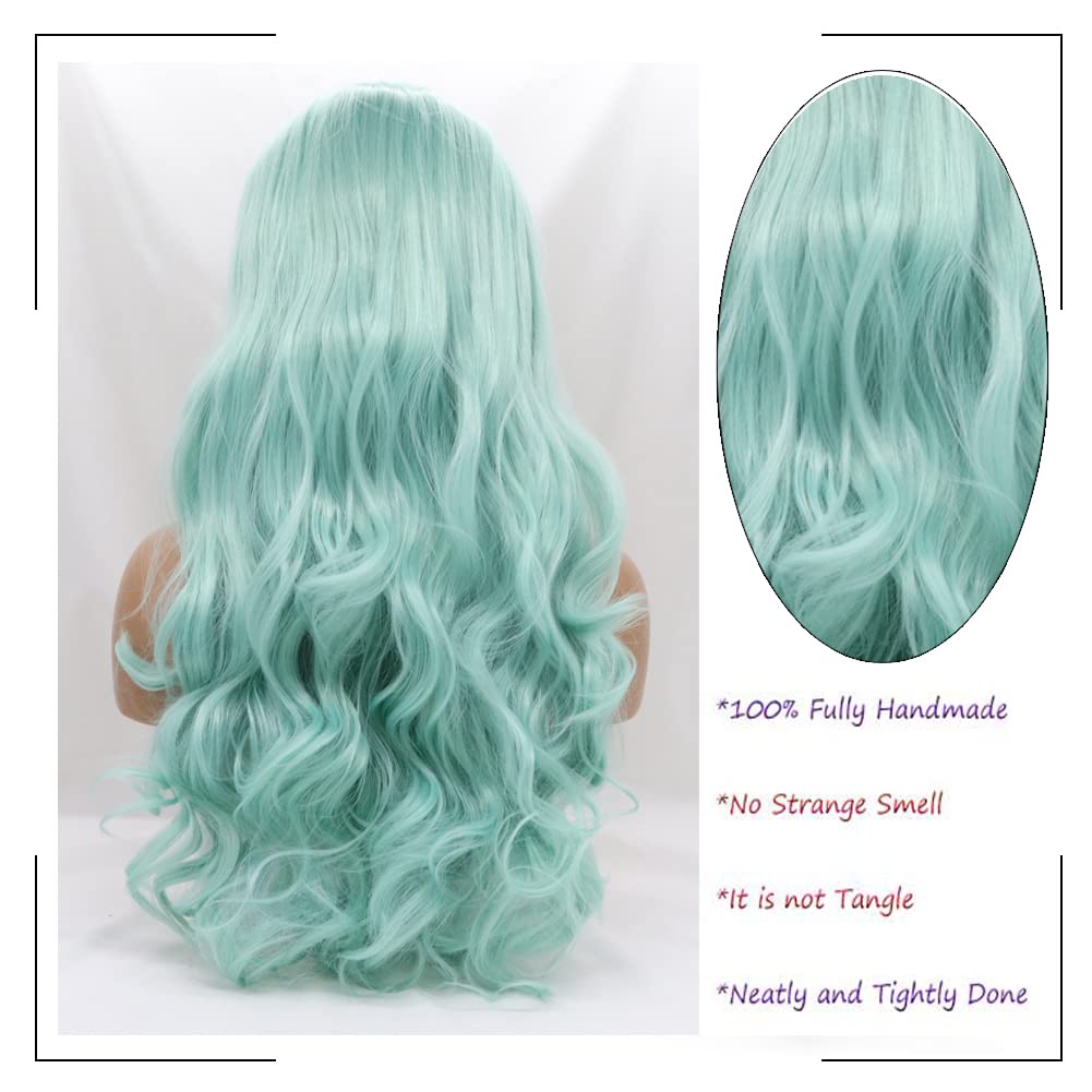 Kalisa Mint Green Lace Front Wig Long Wavy Blue Green Side Part Natural Hairline Wig Synthetic Curly Pre Plucked Wig Heat Resistant Glueless Wigs for