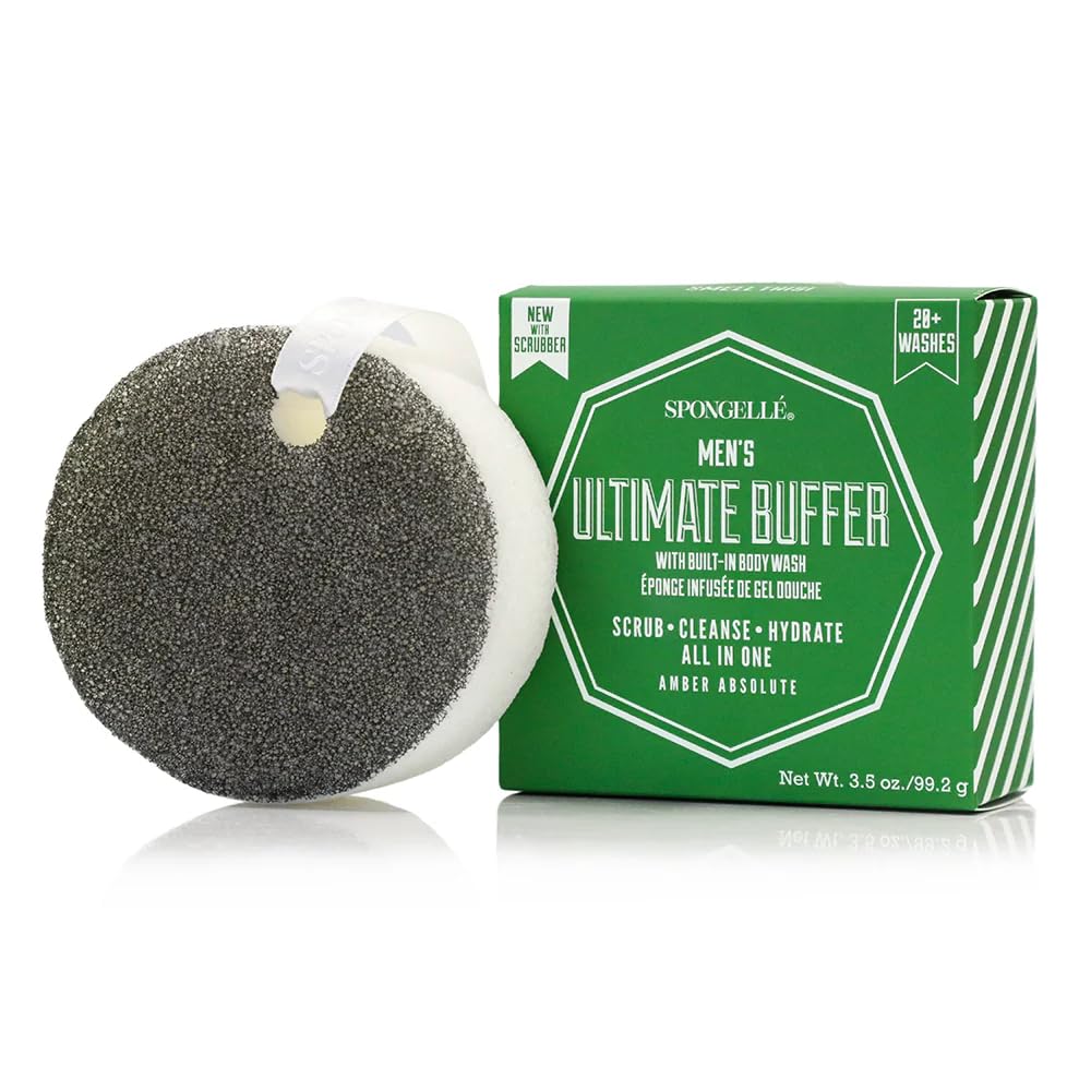 SPONGELLÉ Men's Ultimate Buffer, Amber Absolute - 20+ Washes - Body Wash Infused Exfoliating Body Scrubber - Loofah Sponge For Men - Gift for Father's Beauty and Personal Care SPONGELLÉ