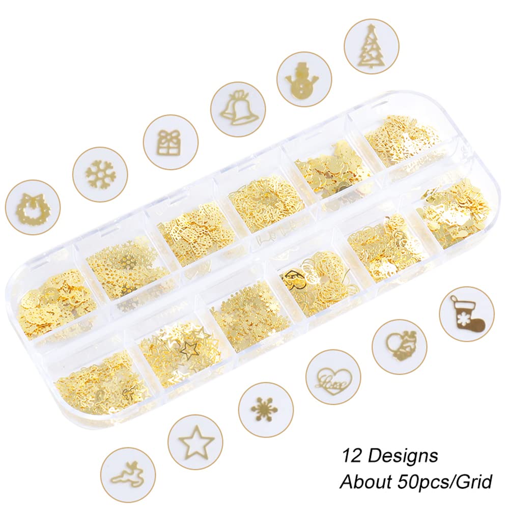 Christmas Nail Art Glitter, 12 Grids Gold Snowflake Nail Charms Snowflakes Snowmen Elk Bell Gift Xmas Tree Christmas Nail Design Winter Confetti Beauty & Personal Care Tyemp