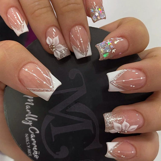 Flower Press on Nails Almond Short French Fake Nail with Design Pink White Golden Pearl Glue on Nail Short Flower Nails Press on False Nail with Jelly Beauty and Personal Care juggssa Default Title