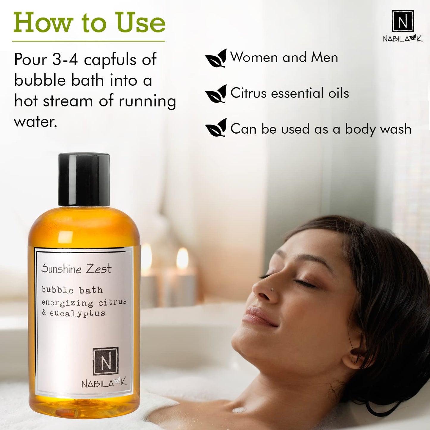 Nabila K Sunshine Zest Bubble Bath with Citrus & Eucalyptus | Natural & Organic, Sulfate-Free, Tear-Free | Luxury Aromatherapy Bath Soak for Sensitive Beauty & Personal Care Nabila K
