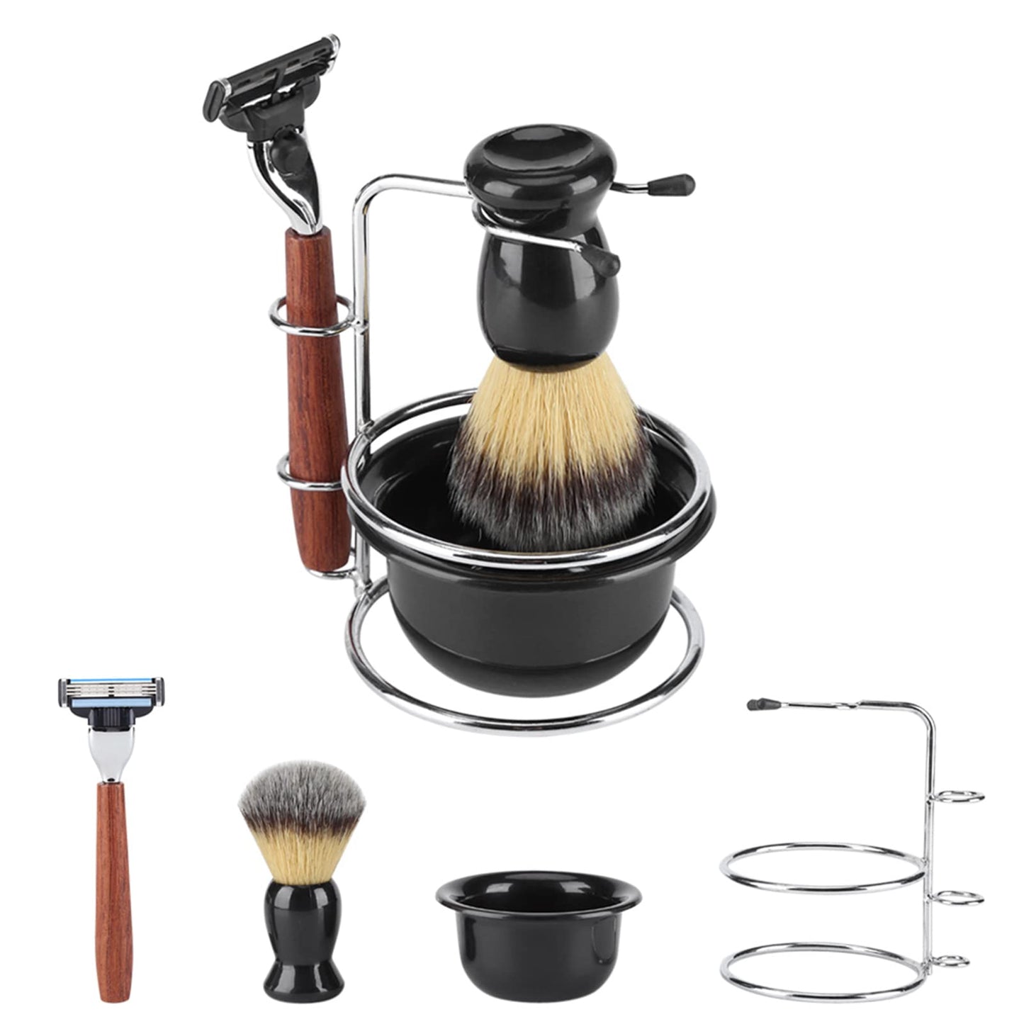 RIZGHWOY 4 in 1 Shaving Set for Men with Wooden Handle Hair Brush Stainless Steel Stand Bowl Husband Father Dad Beauty and Personal Care RIZGHWOY