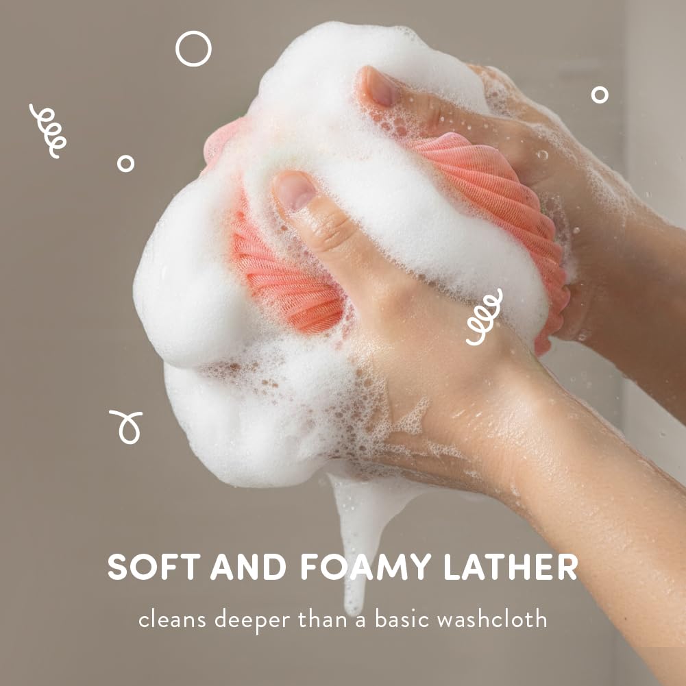 Éclat Mesh Bath Sponge Loofah Ball, Soft Exfoliating Body Scrubber for Wash, Rich-Lather Nylon Net Puff with Quick-Dry Hanging Loop, Gentle Daily Beauty and Personal Care Éclat