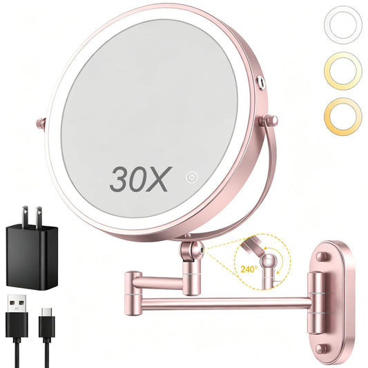 9" Wall Mounted Lighted Makeup Mirror,4000mAh Rechargeable Double Sided 1X/30X Magnifying Mirror with Light,Touch Dimmable,Extended Arm 360 Rotation Beauty and Personal Care ZLOKLA Default Title
