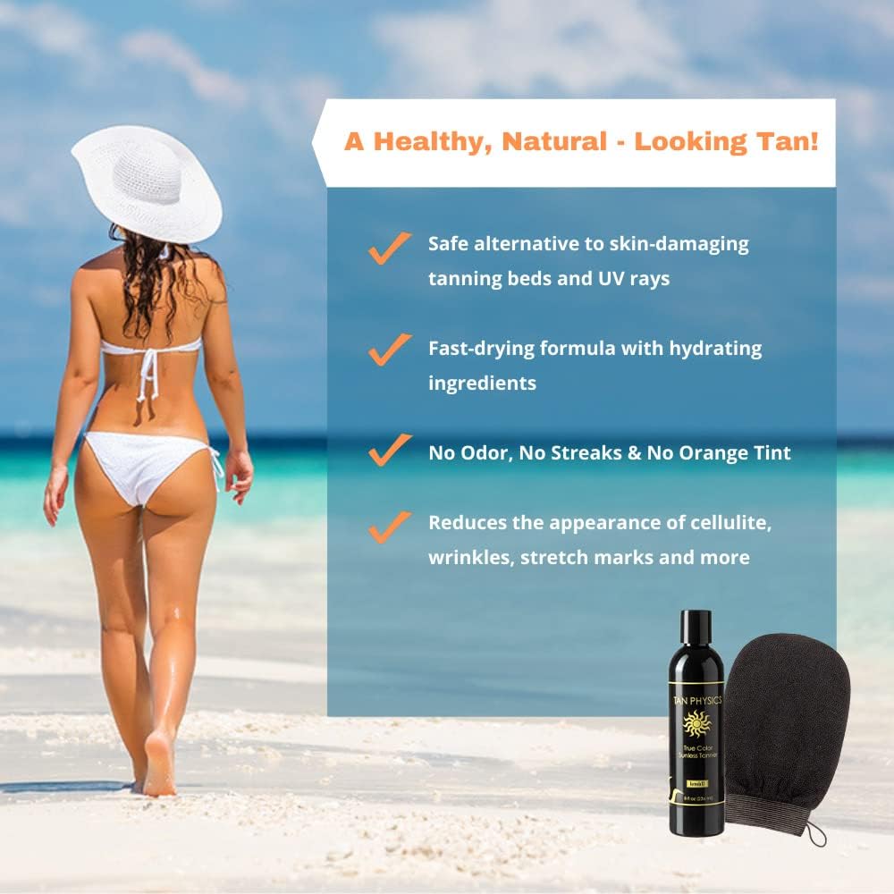 Tan Physics Sunless Tanner 8oz with Exfoliation Mitt- Self Tanning Lotion - Instant Tanning Lotion for Face & Body - Natural Self Tanner for a Beauty & Personal Care Tan Physics