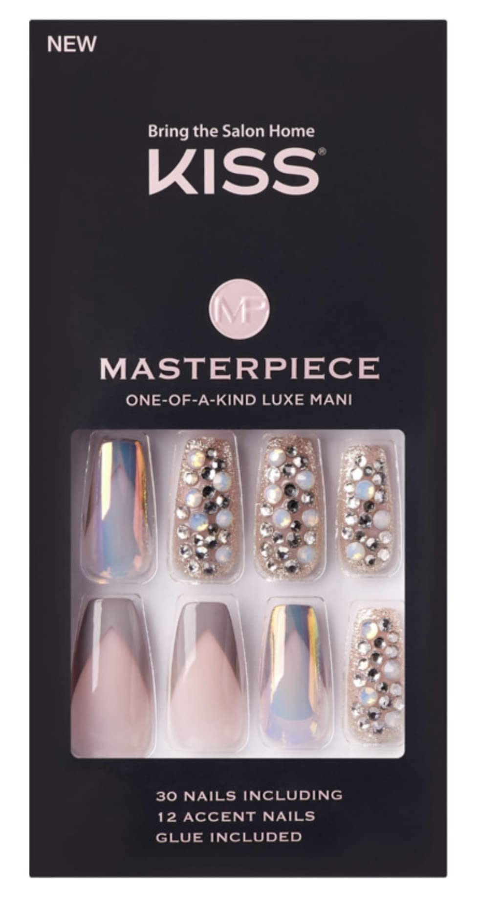 KISS Masterpiece One-Of-A-Kind Luxe Mani Premium Special Effects Design Coffin Shape Glossy Iridescent Glue-On Long Length Nails with Faux Jewels MP01 Beauty & Personal Care KISS