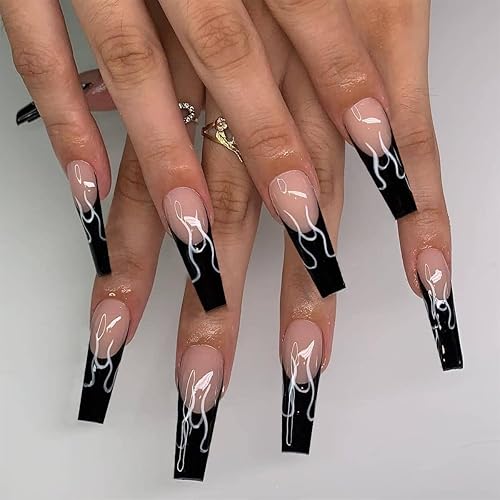 BABALAL Long Press on Nails Coffin Fake Nails Black French Tip Glue on Nails Glossy Acrylic Nails Gothic Falme Design Ballerina False Nails for Women Beauty & Personal Care BABALAL