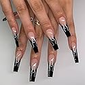 BABALAL Long Press on Nails Coffin Fake Nails Black French Tip Glue on Nails Glossy Acrylic Nails Gothic Falme Design Ballerina False Nails for Women Beauty & Personal Care BABALAL