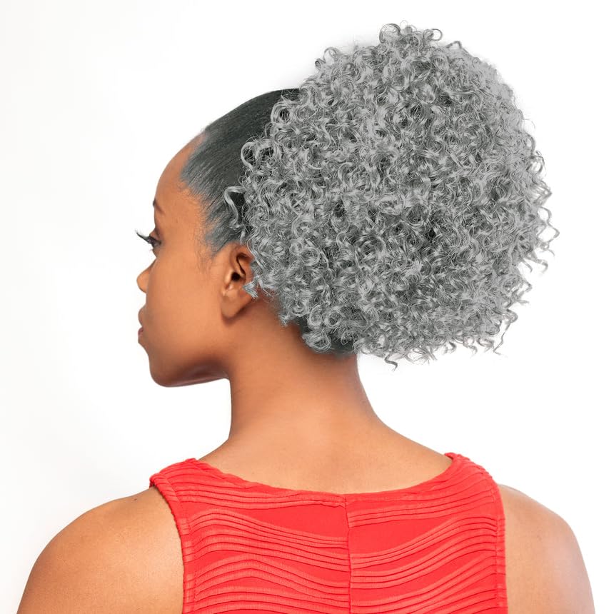 DS005 Curly Ponytail Color 44 Charcoal Gray - Foxy Silver Wigs 8-10" Length Drawstring Tight Curls Hairpiece Extension Synthetic Black Grey Full Bun