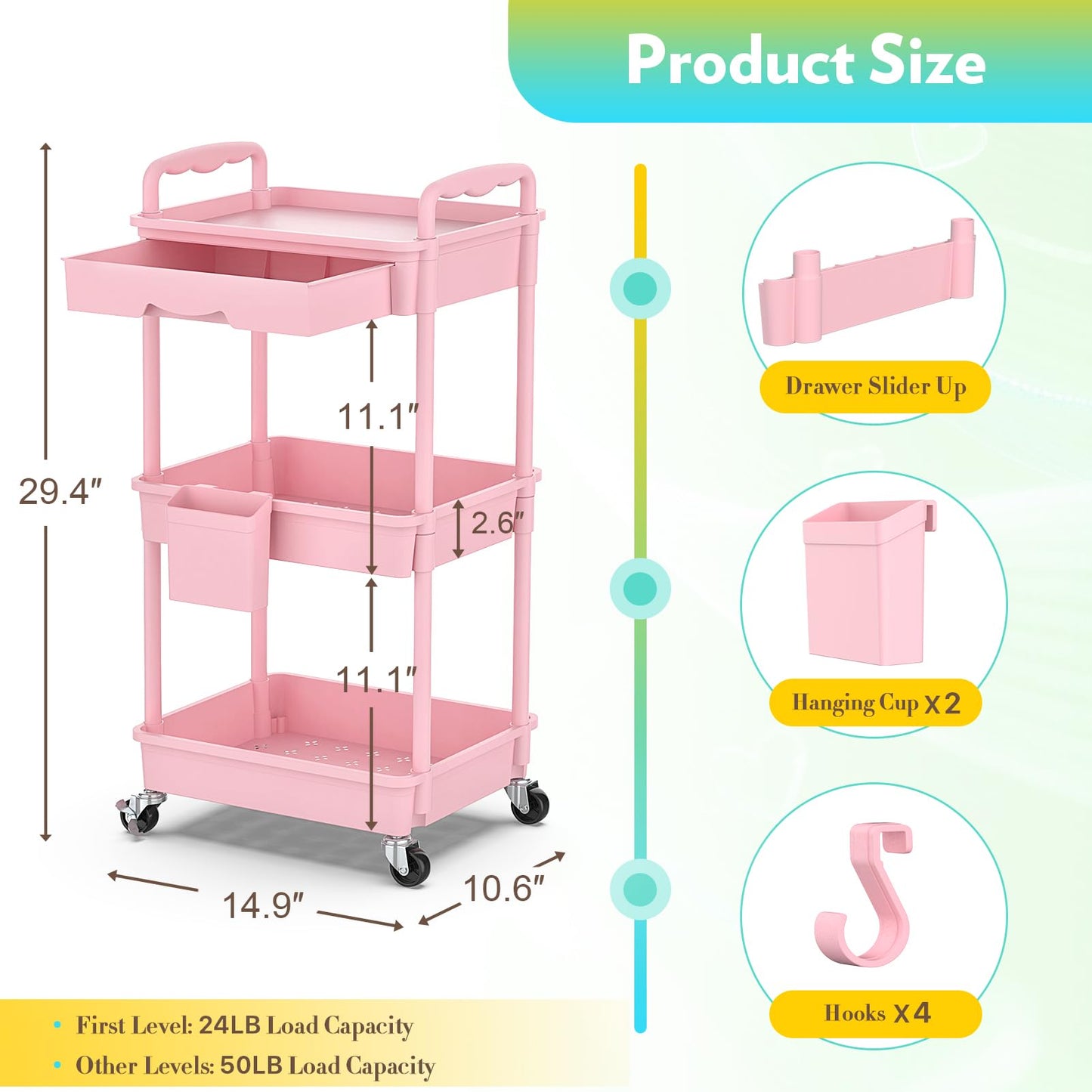SUNALLY Makeup Cart Organizer with Drawers, Floor Skincare Organizers Vanity Storage Organizer, Rolling Makeup Bathroom Storage Cart Cosmetics Display Beauty and Personal Care SUNALLY