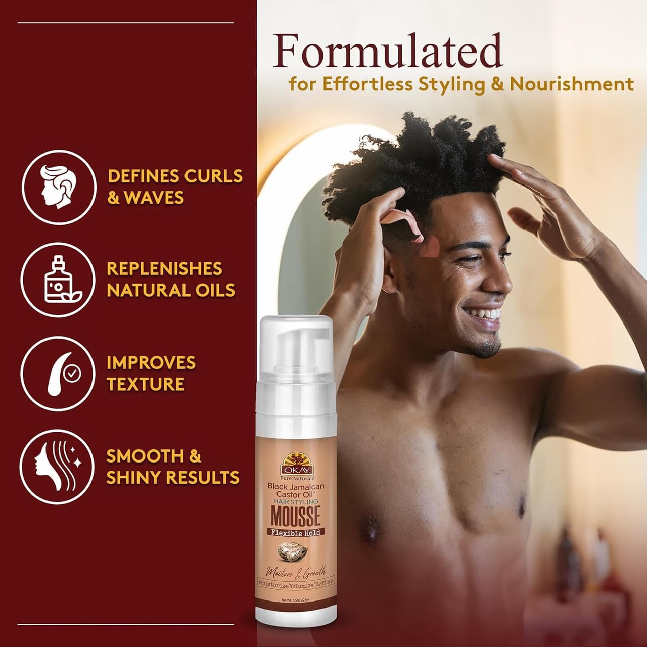 OKAY Black Jamaican Castor Oil Hair Styling Mousse 8 oz - Lightweight Curl Defining Foam for Volume, Frizz Control & Flexible Hold - Moisturizing Beauty & Personal Care OKAY