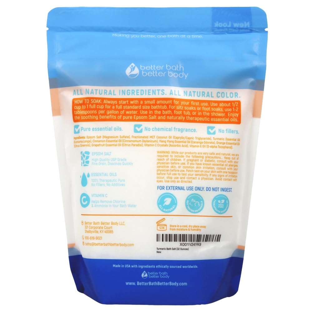 Turmeric Bath Salt 32 Oz Epsom Salt with Essential Oils Turmeric, Cinnamon, Orange Plus Vitamin C in BPA-Free Pouch with Easy Press-Lock Zipper | Beauty & Personal Care Better Bath Better Body
