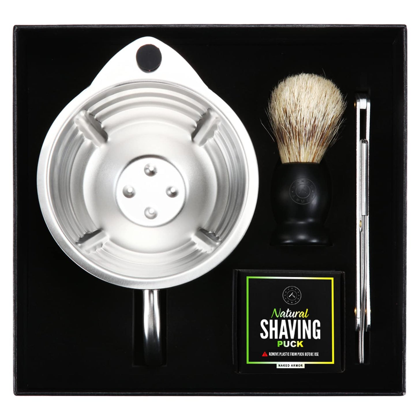 Naked Armor Silver Fox Shaving Scuttle Mug Kit With Shavette - Double Walled Stainless Steel Shaving Bowl with Shavette Straight Razor, Shaving Brush Beauty and Personal Care Naked Armor