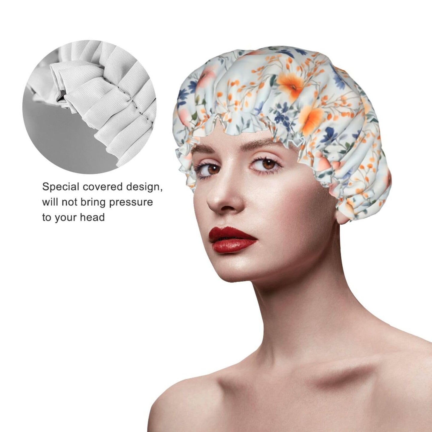 Bedbliss Flowers Print Shower Cap, Waterproof Reusable Bath Caps For Women Hair, Double Layers Elastic Shower Hat Hair Protection Beauty and Personal Care Bedbliss