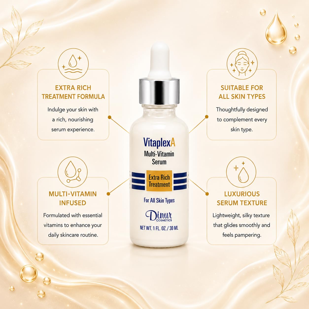 Dinur Cosmetics Vitaplex A Multi-Vitamin Serum Extra Rich Treatment for All Skin Types 1 fl. oz./ 30 ml. Beauty & Personal Care Dinur Cosmetics