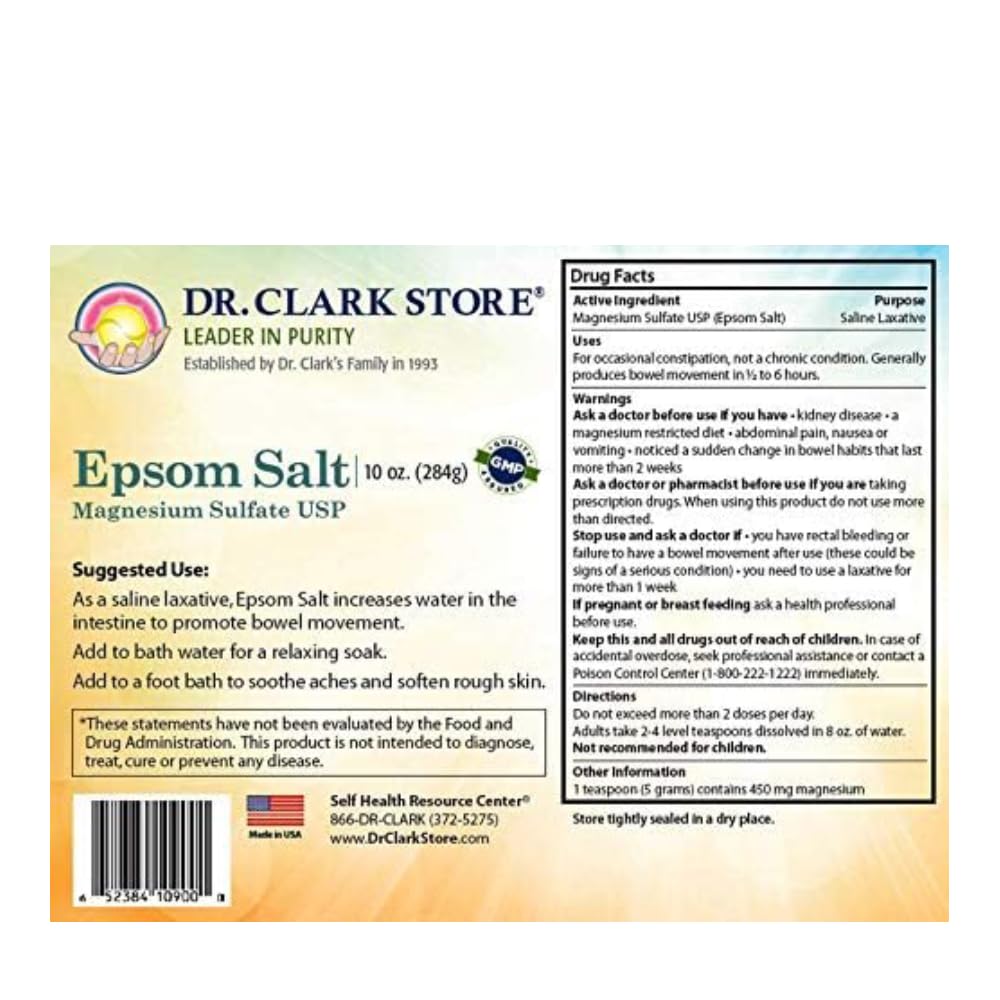 Dr. Clark Store Epsom Salt 10 Ounces, USP Food Grade Magnesium Sulfate for Natural Detoxification, Muscle Relaxation, Skin Care, Occasional Beauty and Personal Care Dr Clark Store