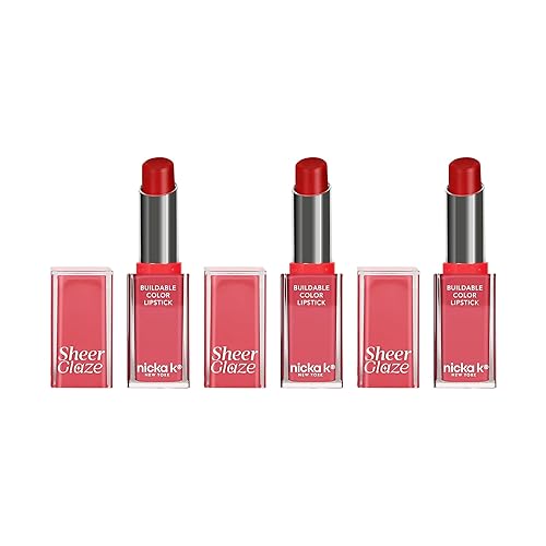 NICKA K NEW YORK Sheer Glaze Lipstick, Gloss, Balm, Tint, Buildable Color, Enhances Lips with a Dewy, Fresh Finish (Vivid Red 3 Pack) Beauty & Personal Care NICKA K NEW YORK