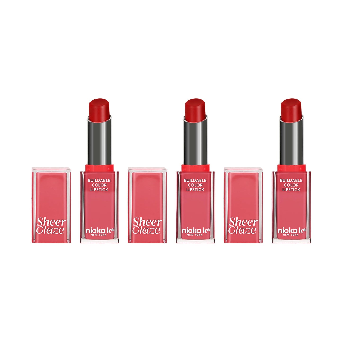 NICKA K NEW YORK Sheer Glaze Lipstick, Gloss, Balm, Tint, Buildable Color, Enhances Lips with a Dewy, Fresh Finish (Vivid Red 3 Pack) Beauty & Personal Care NICKA K NEW YORK