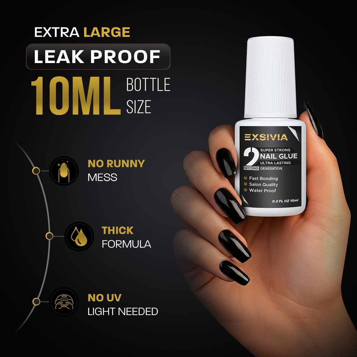 Super Strong Nail Glue for Press On Nails, Acrylic Nails & Nail Tips (10ml),Extra Strength Long Lasting Brush-On Adhesive, Mess-Free, No Dehydrator or Beauty and Personal Care EXSIVIA