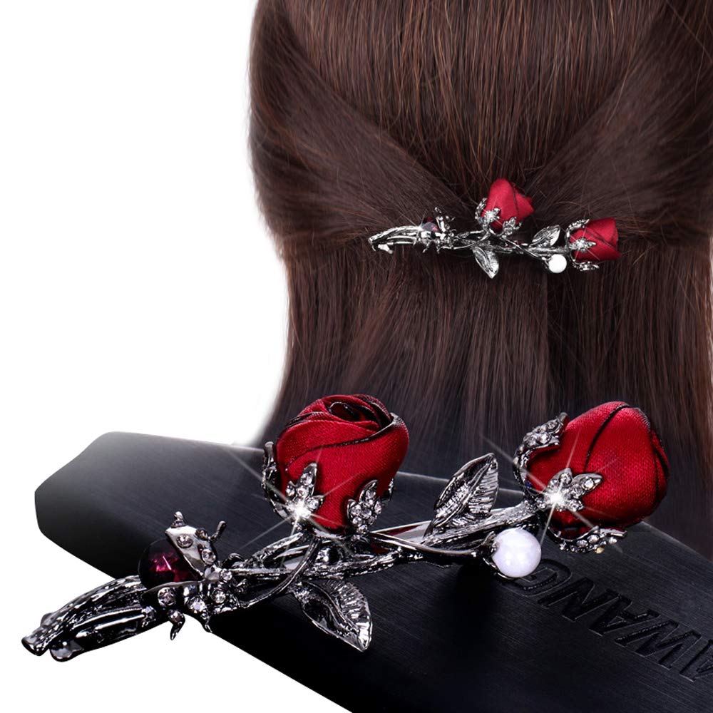 Elegant Rhinestones Rose Flower Metal Hair Clips Hair Barrette Ponytail Holder Slide Clips Hair Jewelry for Wedding,Party (Red) Beauty & Personal Care CEOZY