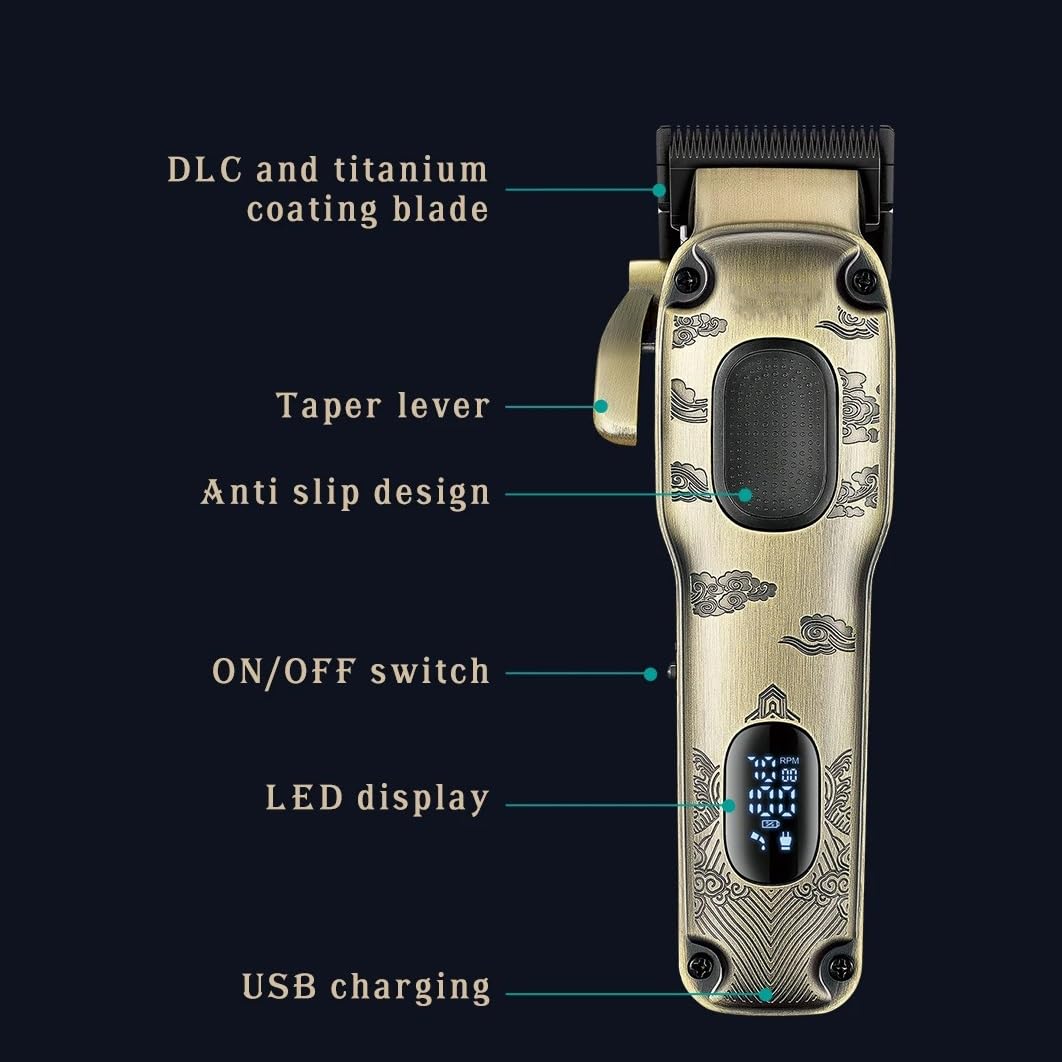 QDKVTNDJZ Mens Hair Clippers, Trimmer Professional Cut Machine Electric Barber Adjustable LED Vintage Metal for Men Beauty and Personal Care QDKVTNDJZ