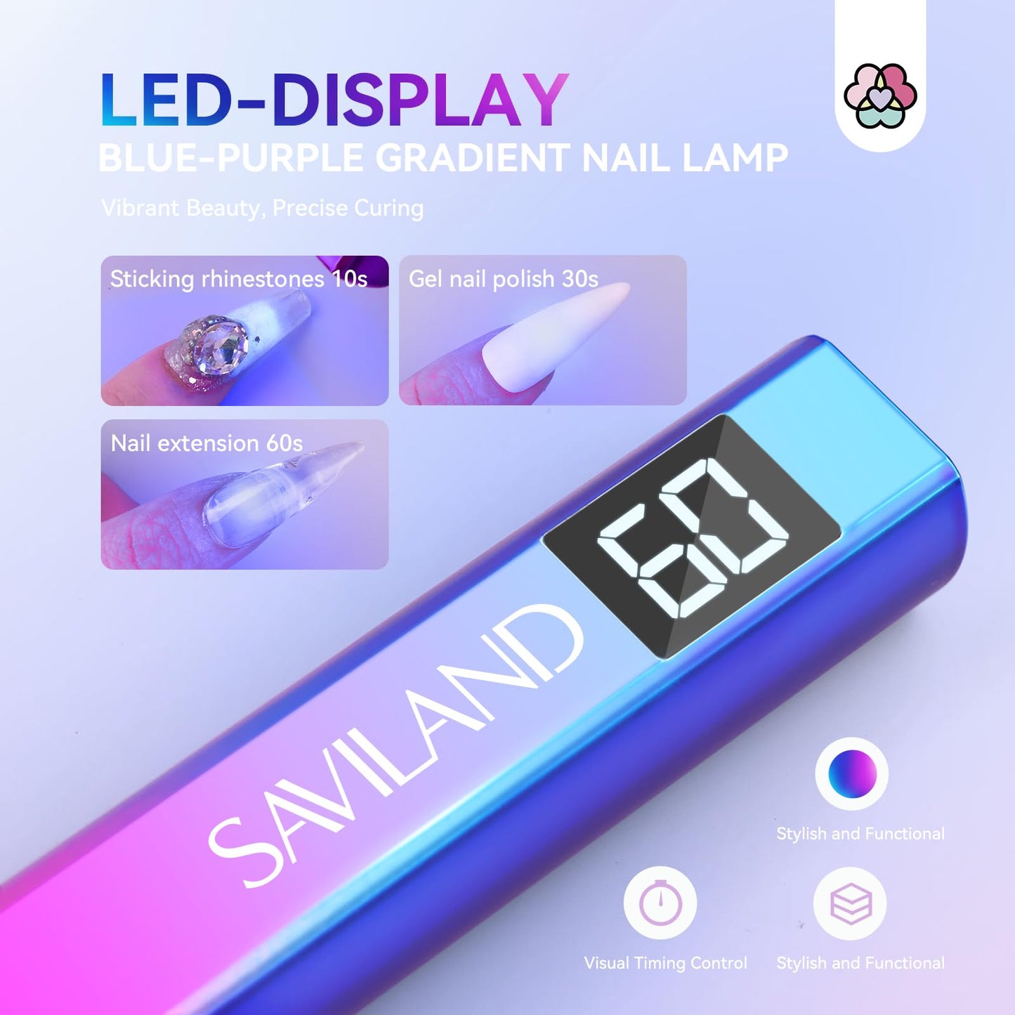 SAVILAND Silver U V Light for Gel Nails: Handheld 12W 8X Speed Flash Cure Lamp with Dual Timer Touch Screen & LCD Display Screen Portable 400 mAh LED Beauty and Personal Care SAVILAND