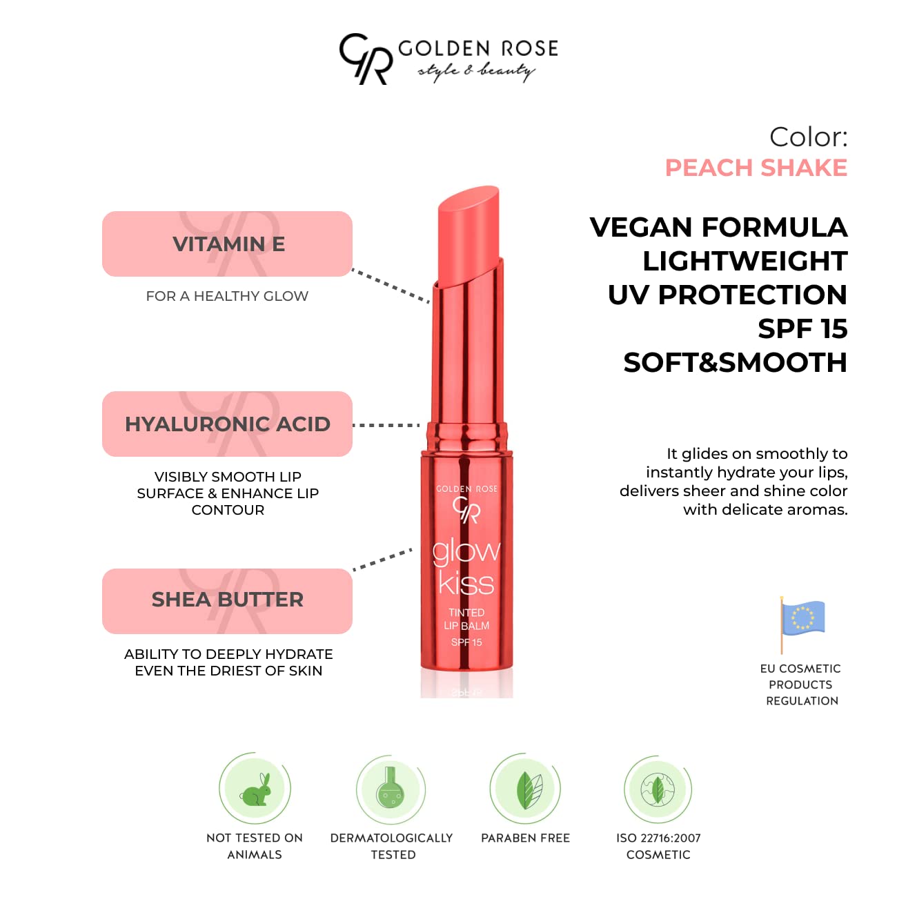 Golden Rose Cosmetics Glow Kiss Tinted Lip Balm with SPF15, Vegan Formula (Peach Shake) Beauty and Personal Care Golden Rose