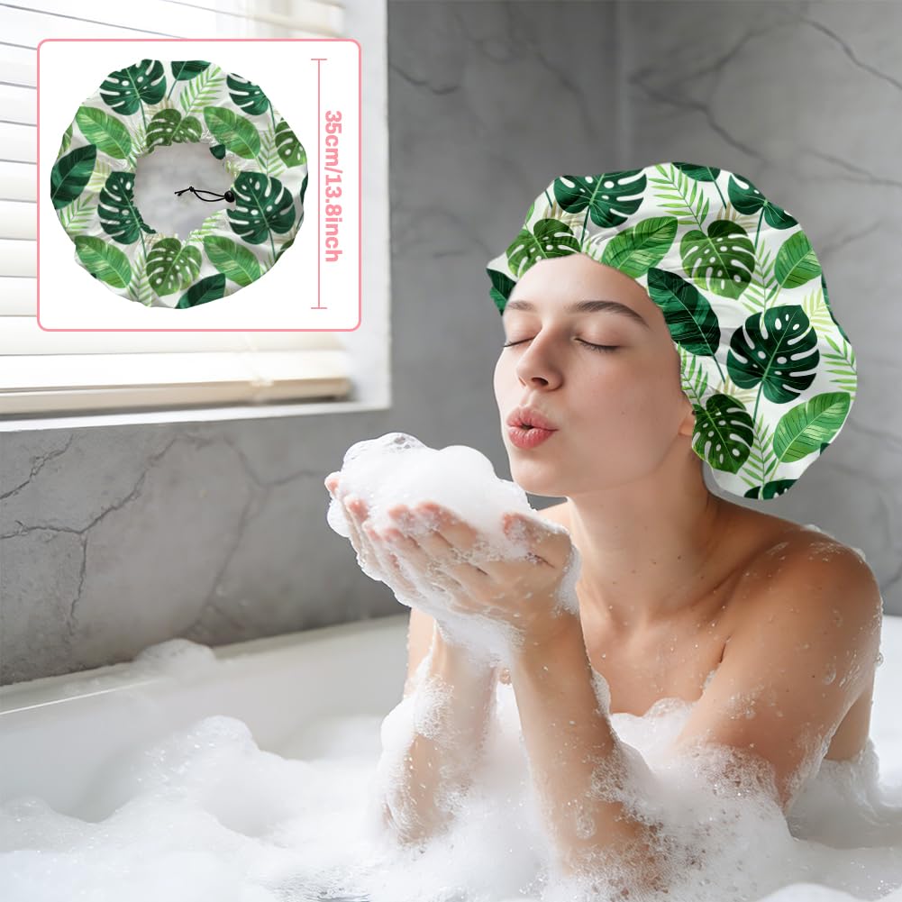 DELORIGIN Tropical Leaves Reusable Shower Cap Green Monstera Double Layer Waterproof Shower Caps Large Elastic Hair Cover Adjustable Hair - Drying Beauty and Personal Care DELORIGIN