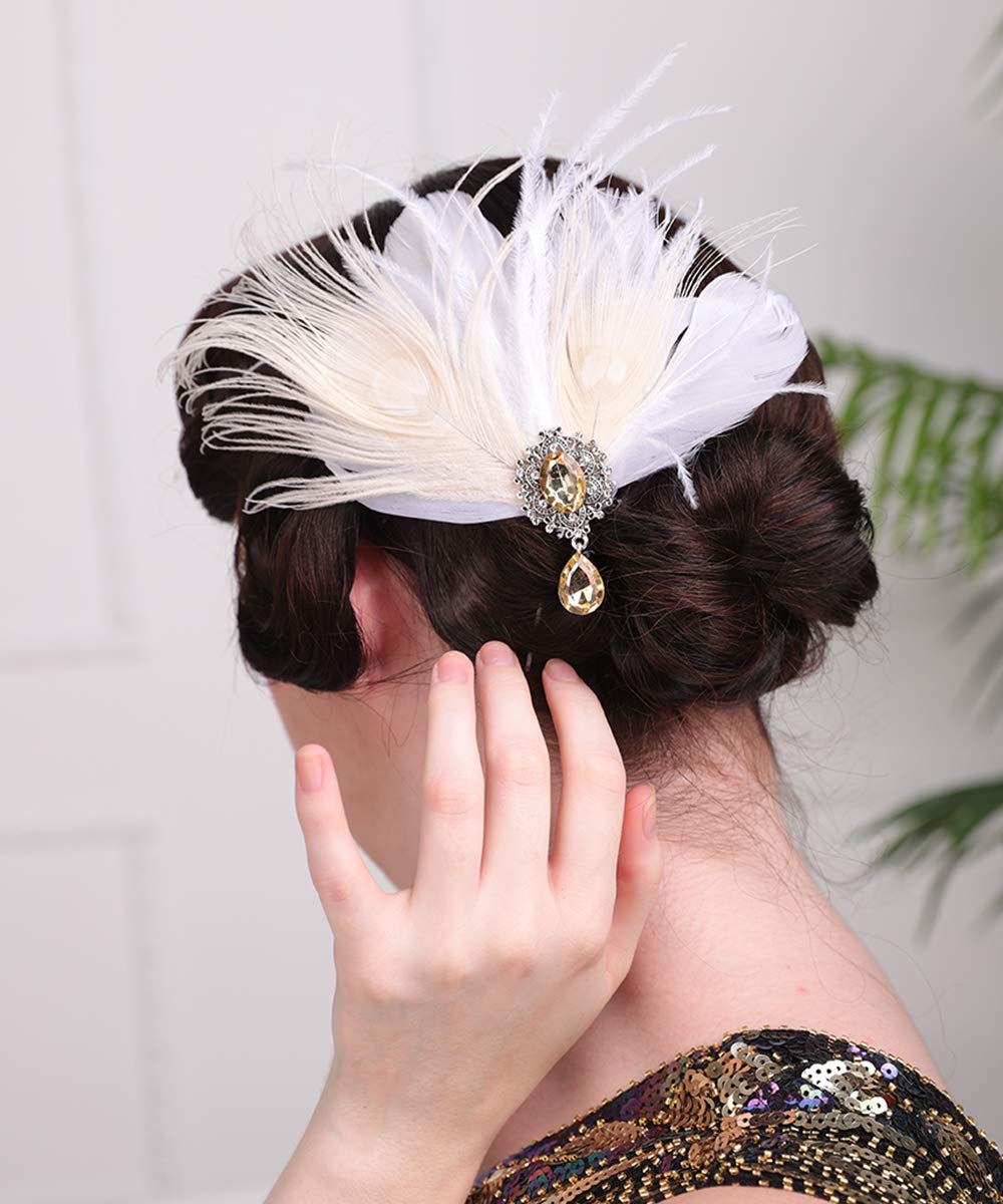 Aimimier Bridal 1920s Flapper Feather Hair Clip Crystal Teardop White Feather Roaring 20s Headpiece Prom Party Festival Hair Jewelry for Women Beauty & Personal Care Aimimier