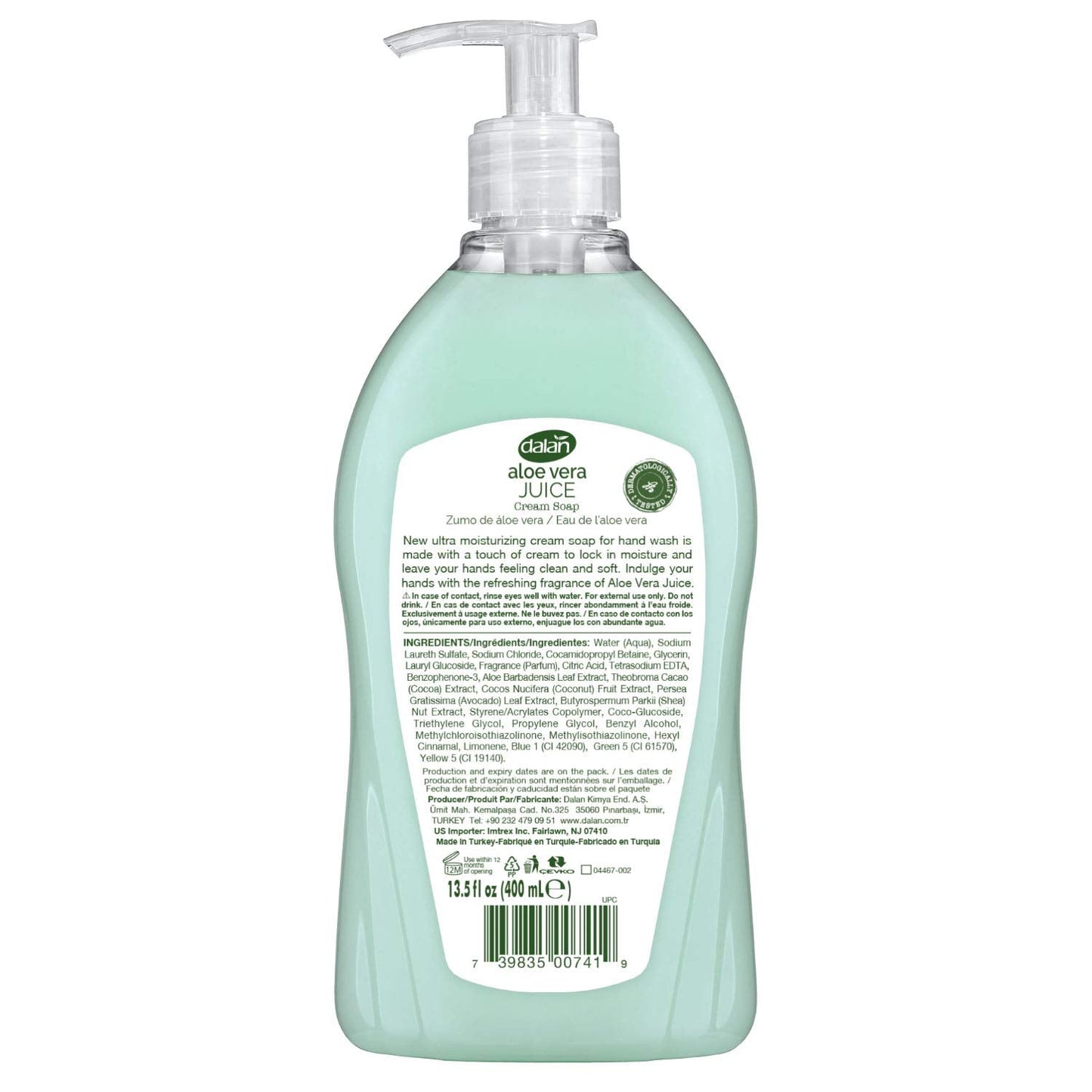 Dalan Aloe Vera Juice Cream Ultra Moisturizing Liquid Hand Soap for Dry and Fresh Hands Feeling Clean and Soft (13.5 Fl Oz / 400 mL (Pack of 6)) Beauty & Personal Care Dalan