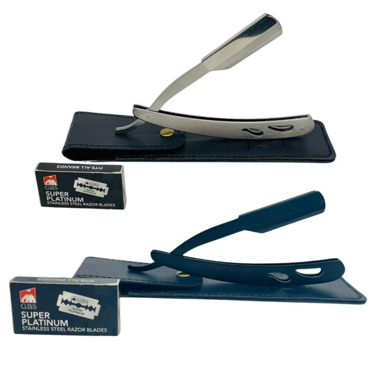 G.B.S Barber Straight Edge Interchangeable Razor Shavette - Chrome & Black Stainless Steel Razors with Travel Cases & 20 Refill Blades (Pack of 2) Beauty and Personal Care G.B.S