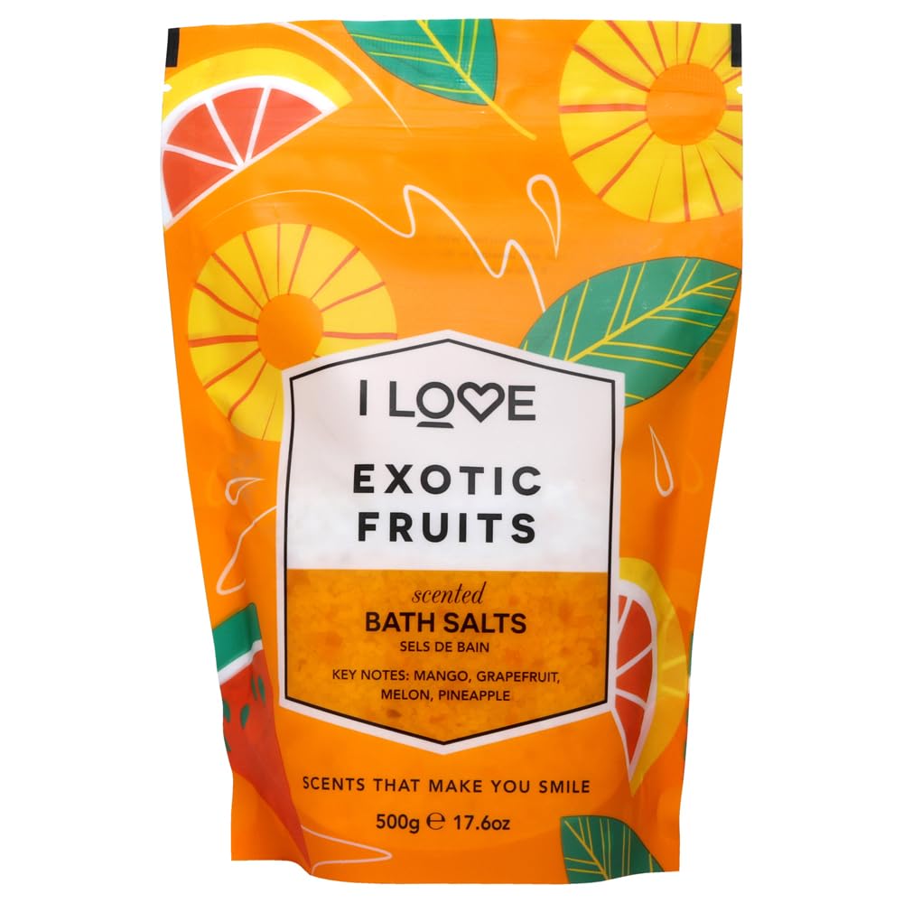 I Love Exotic Fruits Scented Bath Salts - Moisturizing Bath Soak for Dry Skin - Skin-Softening Bath Salts - Invigorating Citrus Fragrance - 17.6 oz Beauty and Personal Care I LOVE